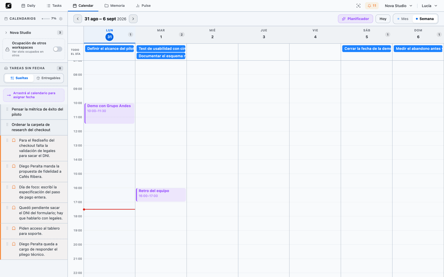 The calendar week, with undated tasks alongside