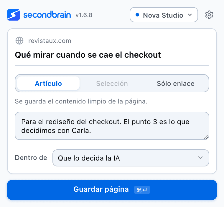 The Web Clipper popup over an article: Article, Selection or Link only, a note and "Let the AI decide"