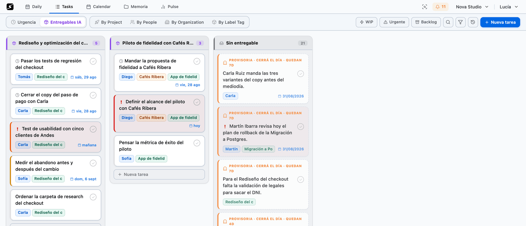 The task board grouped into deliverables by the AI