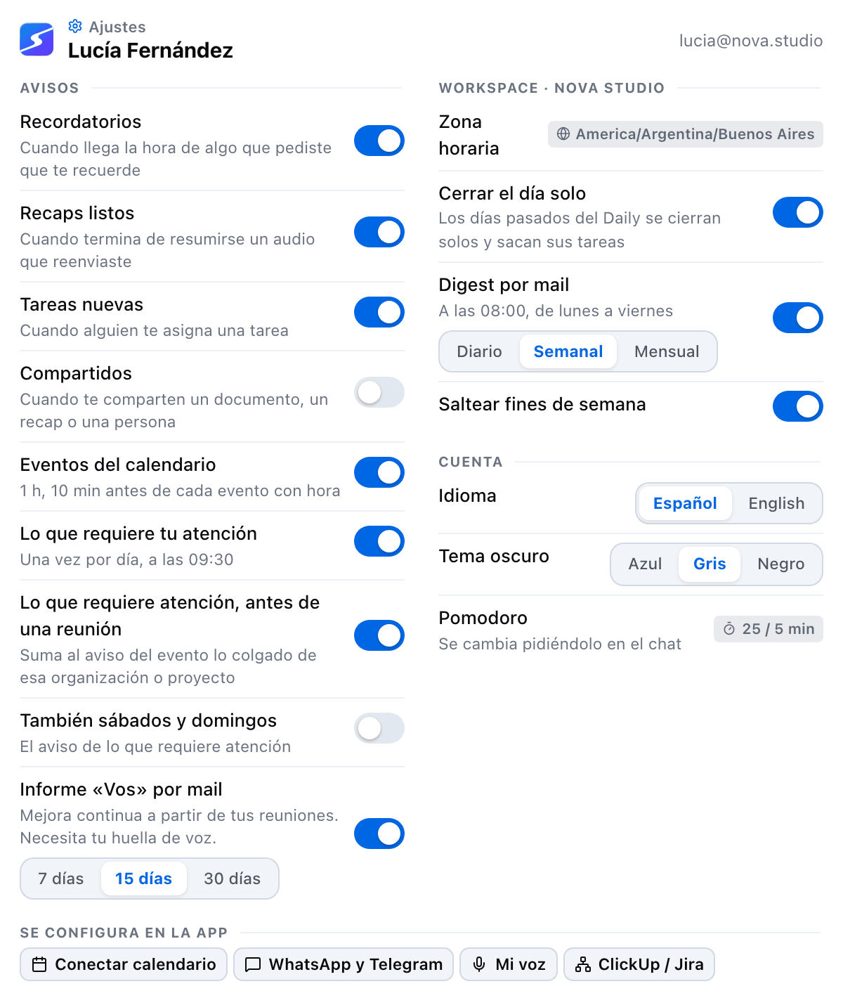 The Settings card with the notification switches, the You report frequency, the workspace day close and digest, language and theme, and shortcuts to what is set up in the app