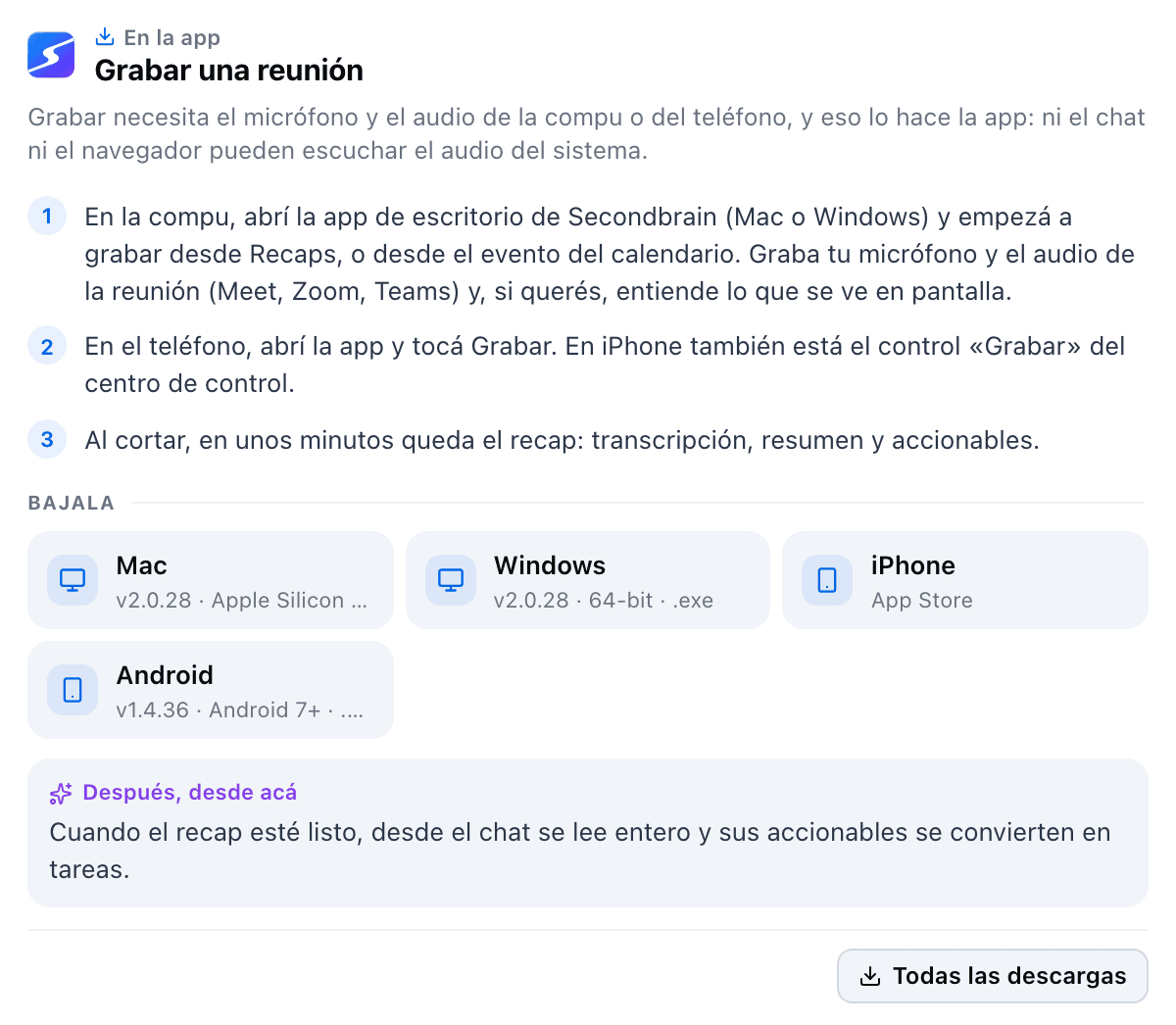 The In the app card for recording a meeting: why it is not done from the chat, three steps and the downloads for Mac, Windows, iPhone and Android