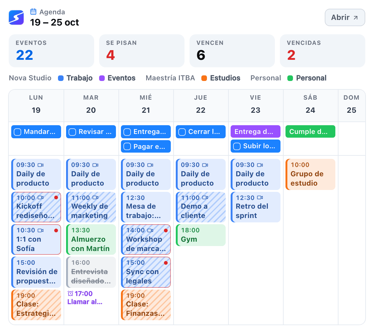 The Agenda card with the week of October 19 to 25: one column per day with tasks on top in blue and events from three workspaces in their calendar colors, striped when someone else organizes them and marked in red when they overlap