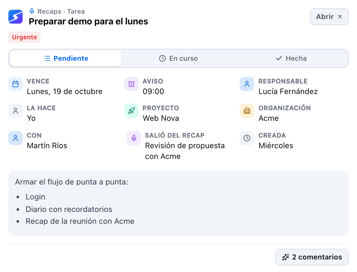 A task card with the To do, In progress and Done selector and its details: due Monday, reminder at 9, assignee, project, organization and the recap it came from