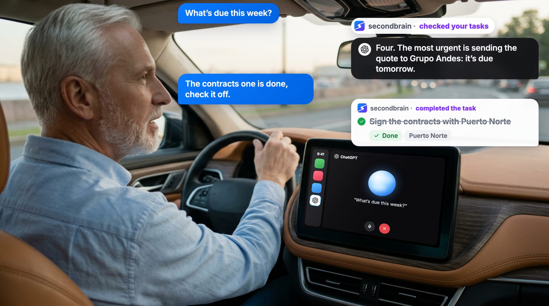 A man driving along the waterfront asks what is due this week; secondbrain checks the tasks and then marks "Sign the contracts with Puerto Norte" as done