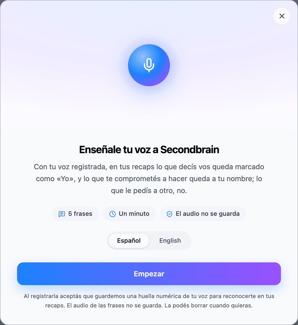 The modal to register your voice: five sentences, one minute, the audio is not stored