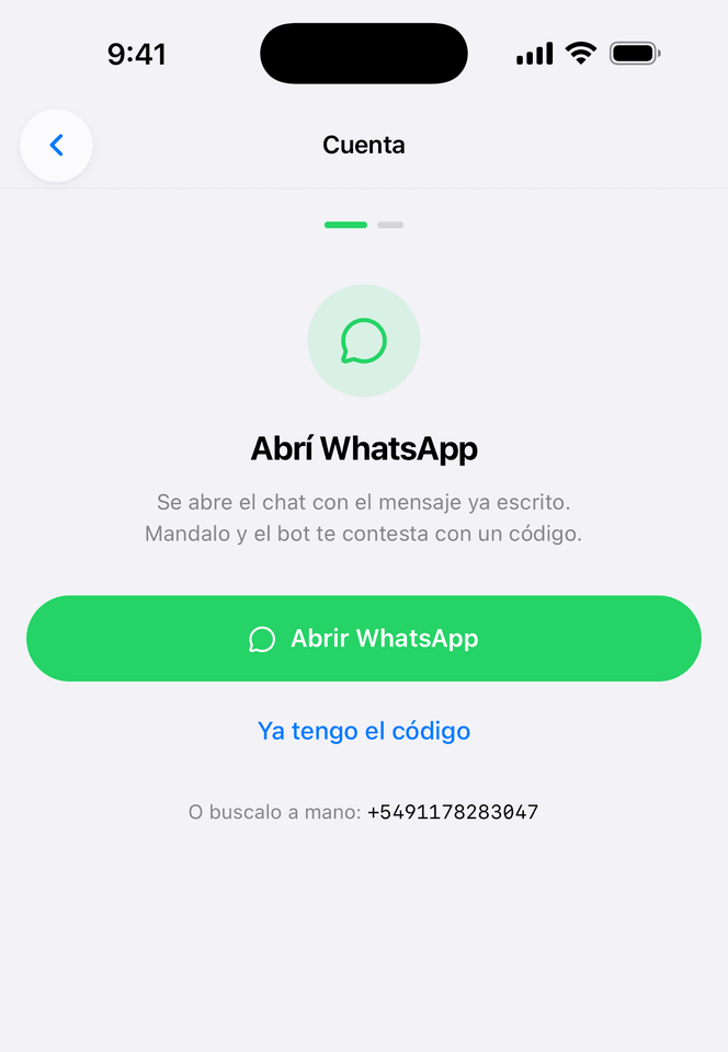 The WhatsApp linking screen in the mobile app, with the button that opens the chat and the bot's number