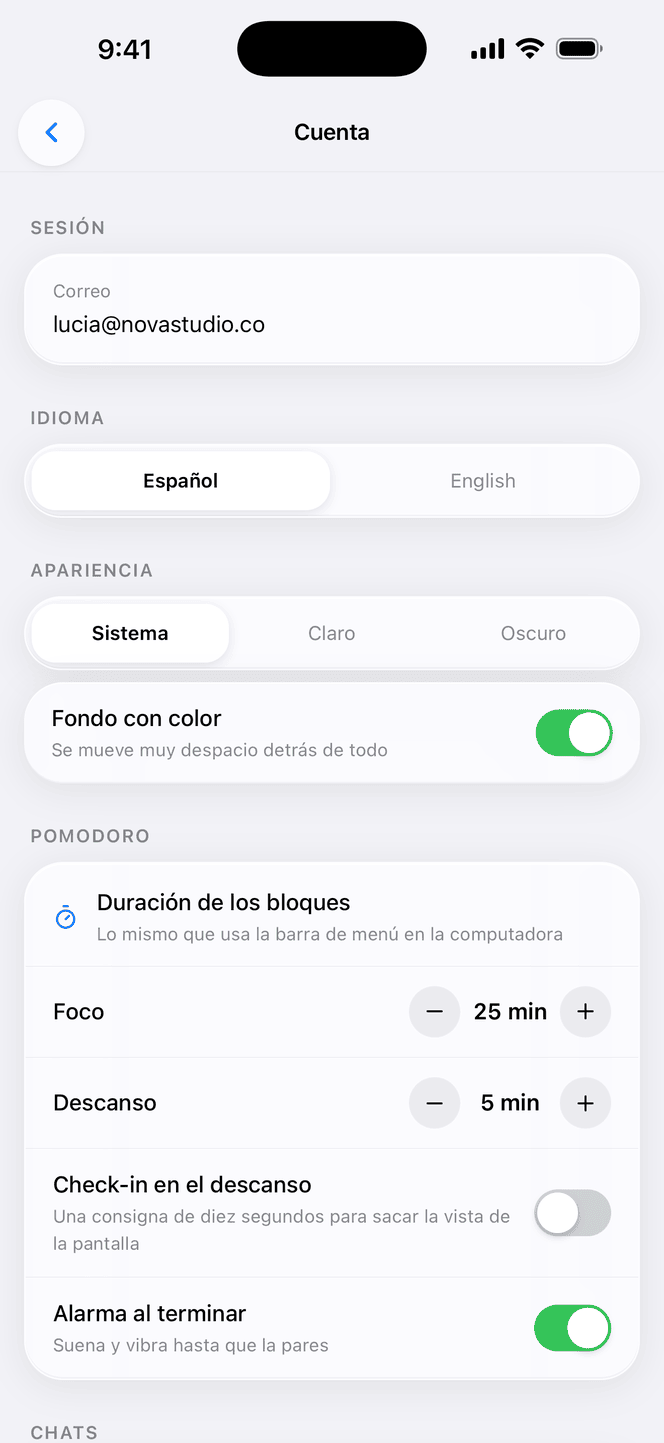 The iPhone app settings: language, appearance and the colour background