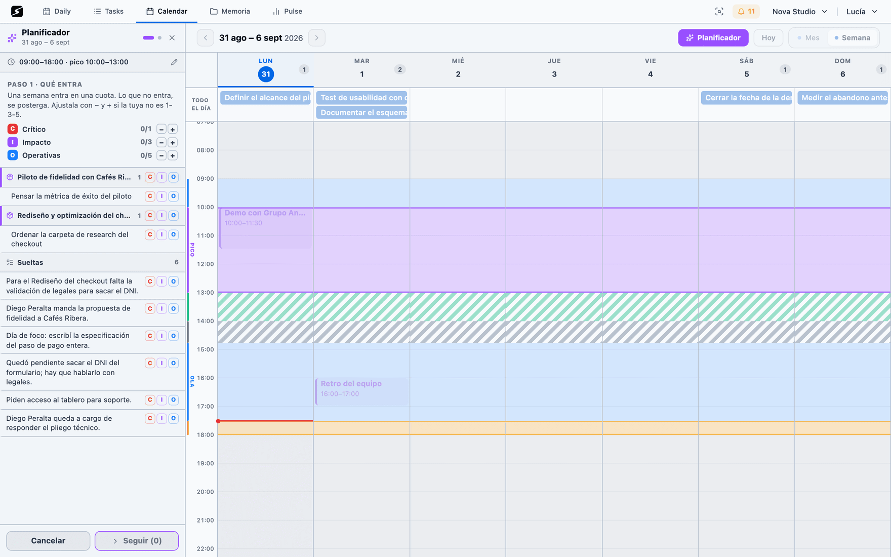 The planner showing the day curve and the peak window