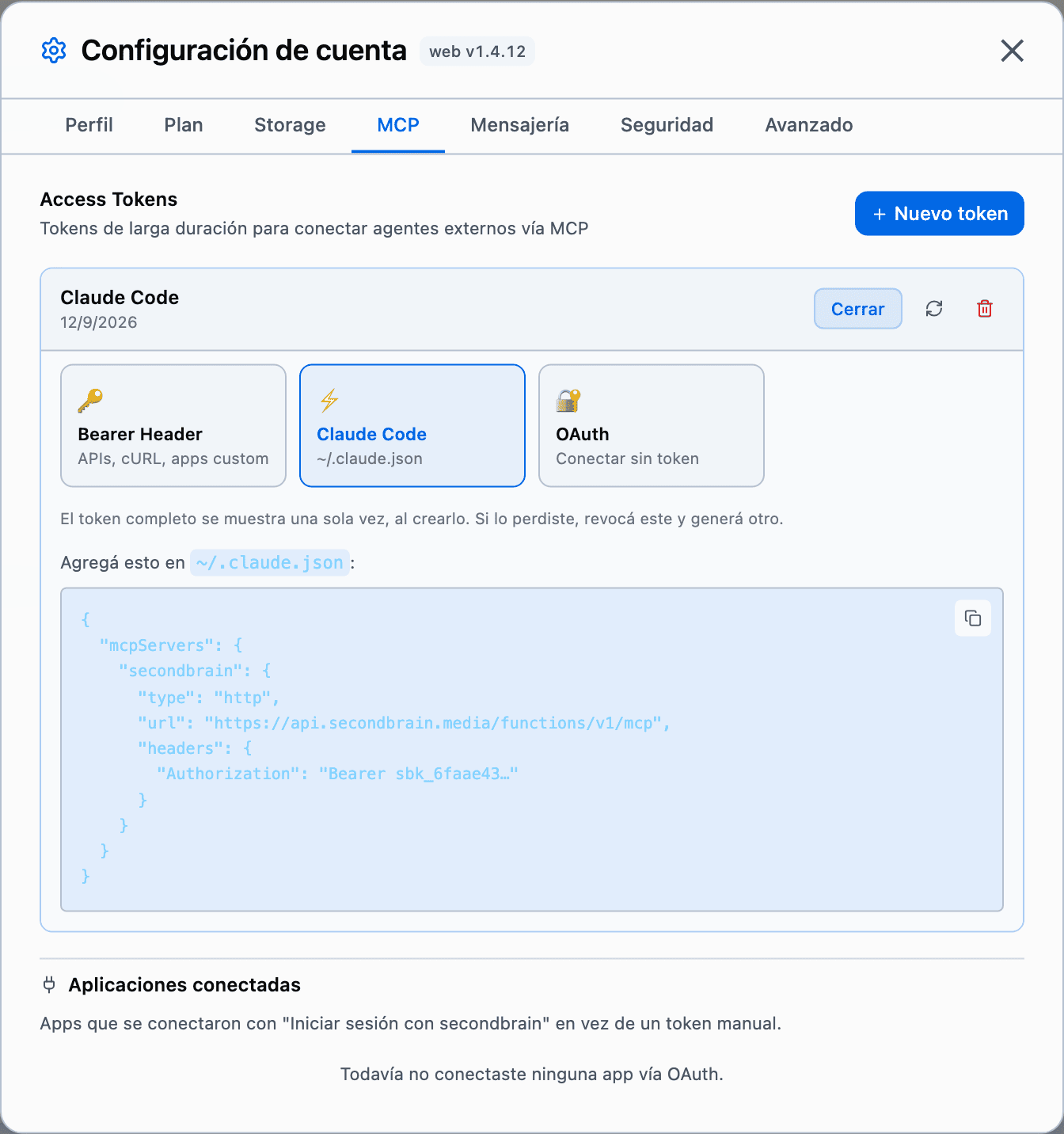 The MCP tab of account settings, with a token expanded and the Claude Code configuration block