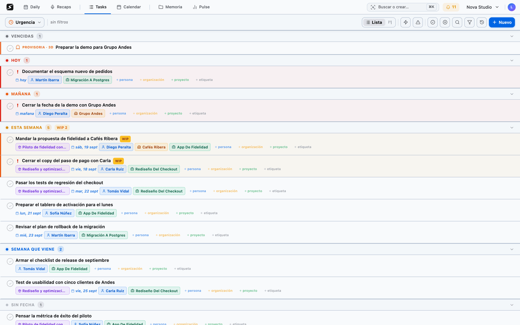The task list grouped by urgency