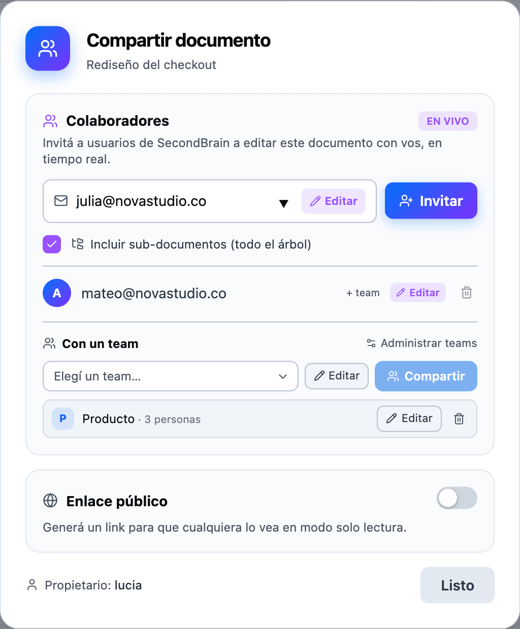 A document's share panel, with the "With a team" block and the "Producto" team already shared