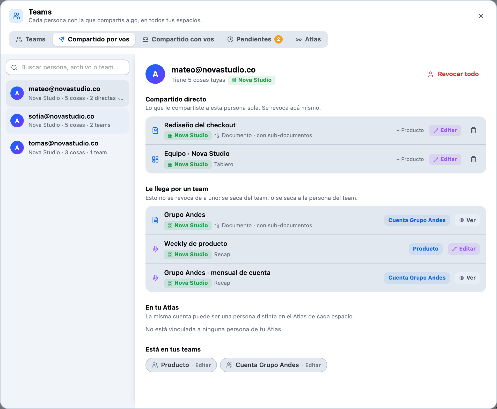 The "Shared by you" tab with one person selected: two items shared directly and four that reach them through teams