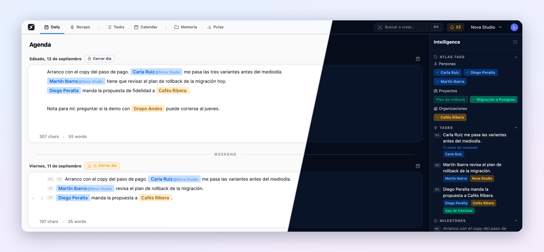 The daily screen cut diagonally: the left half in the light theme and the right half in dark